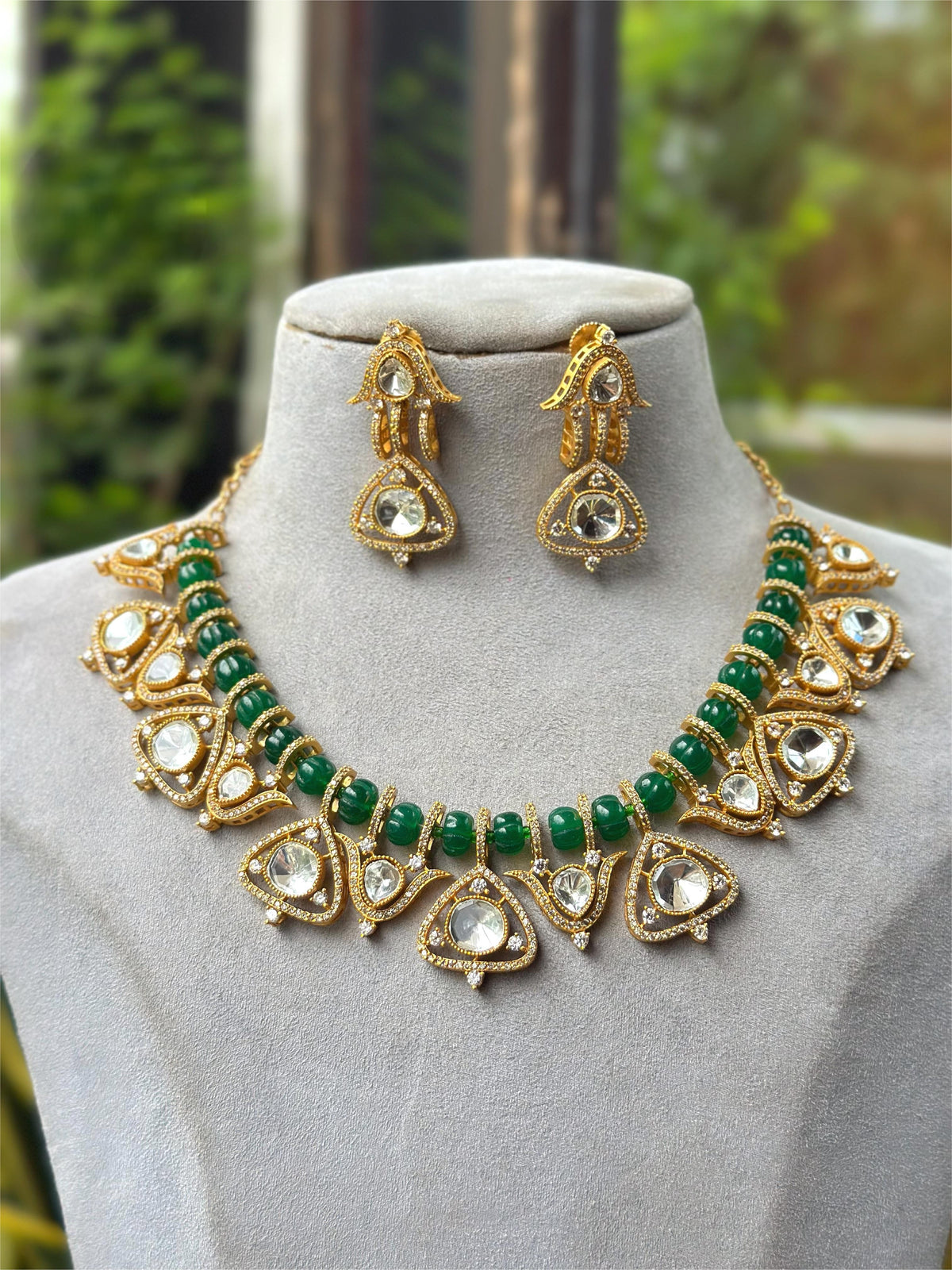 Bridal Green Beaded Kundan Necklace Set with Earrings | Traditional Indian Wedding Jewelry