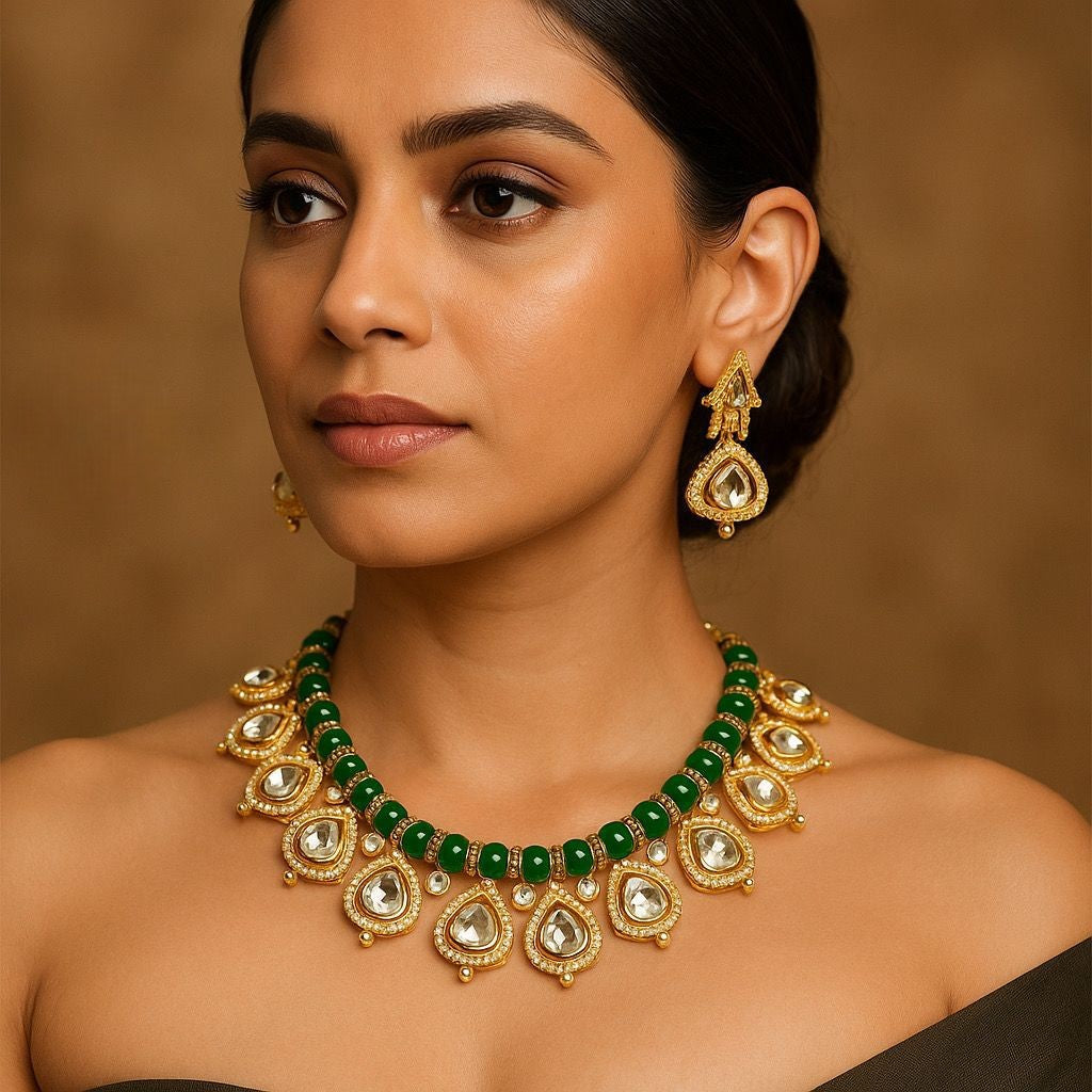 Bridal Green Beaded Kundan Necklace Set with Earrings | Traditional Indian Wedding Jewelry