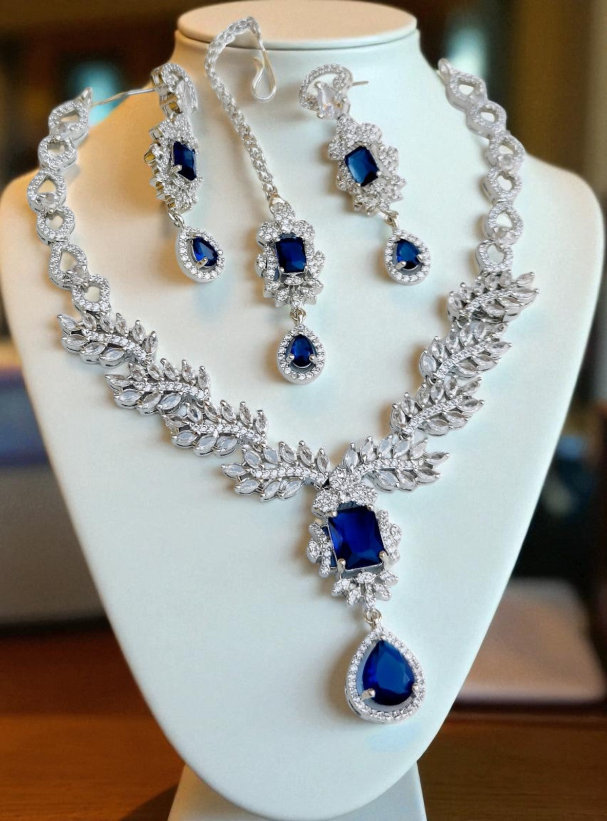 Royal Blue & Silver Plated Necklace Set with Earrings & Maang Tikka | Bridal & Party Wear Jewelry