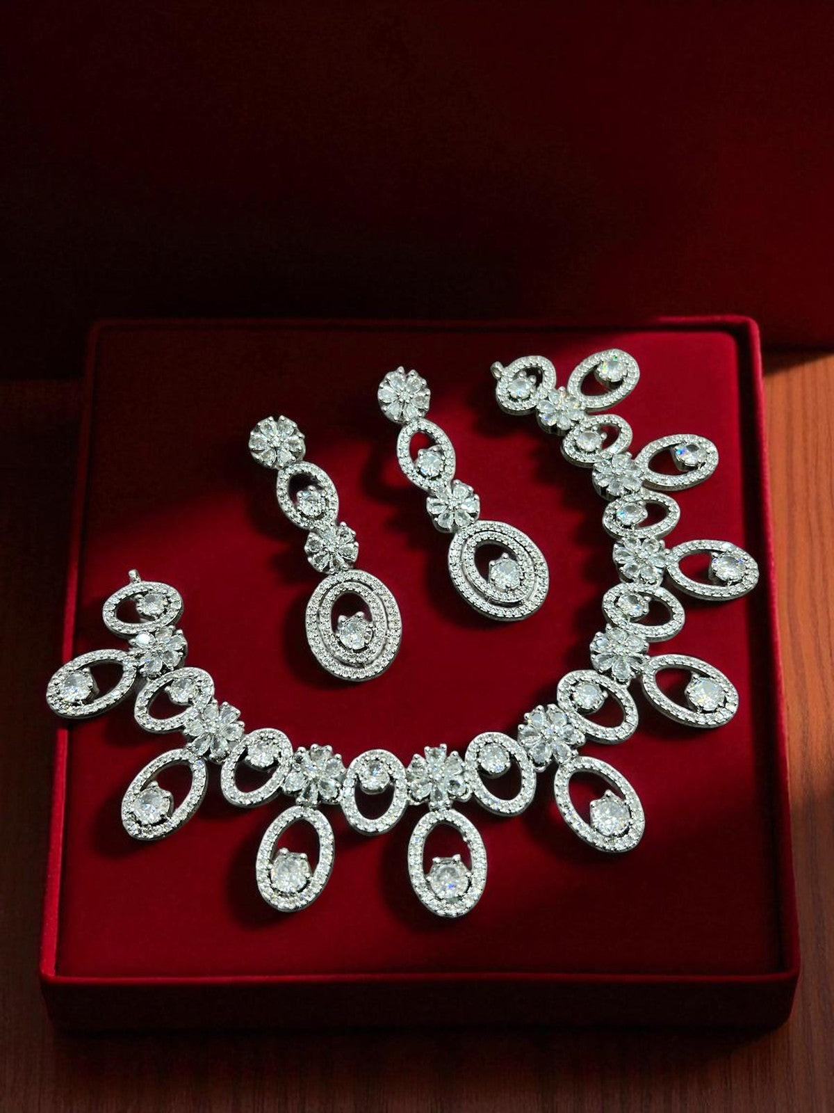 Traditional Silver Plated Round Shaped AD CZ Stone Necklace Earring Set
