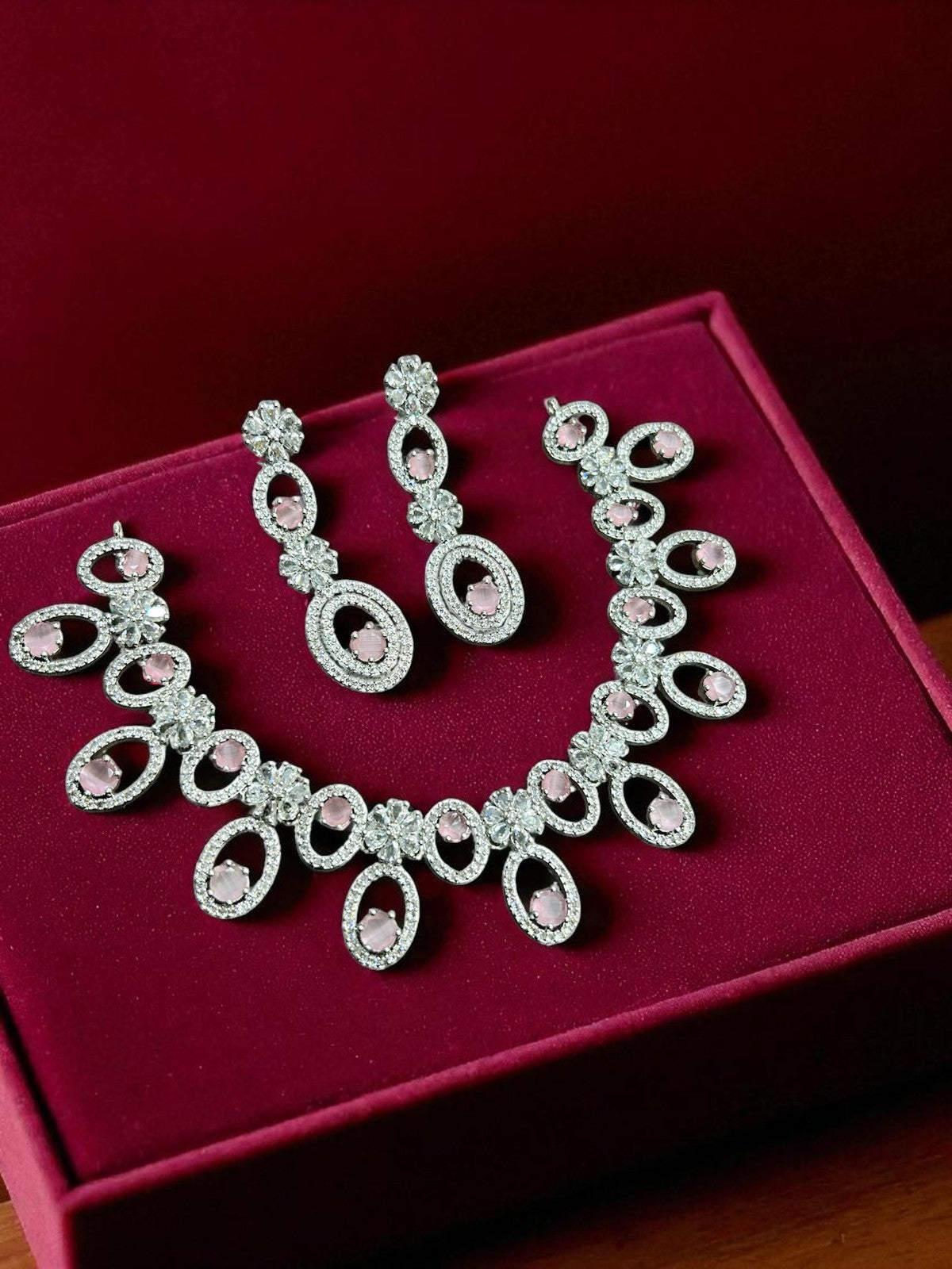 Traditional Silver Plated Round Shaped AD CZ Stone Necklace Earring Set
