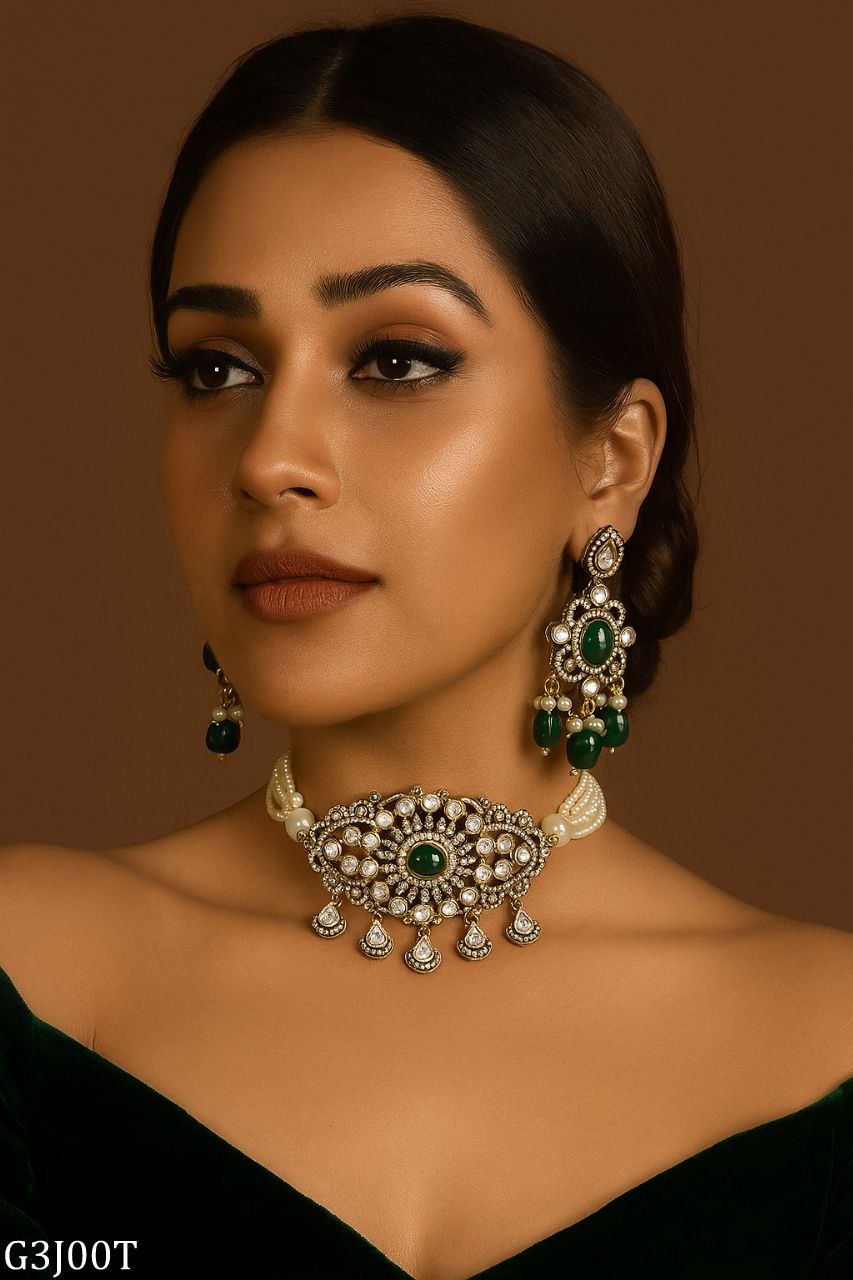 Kundan Choker Necklace Set with Pearl Drops & Earrings Bridal Jewelry Set Pakistani Necklace SetPolki Necklace