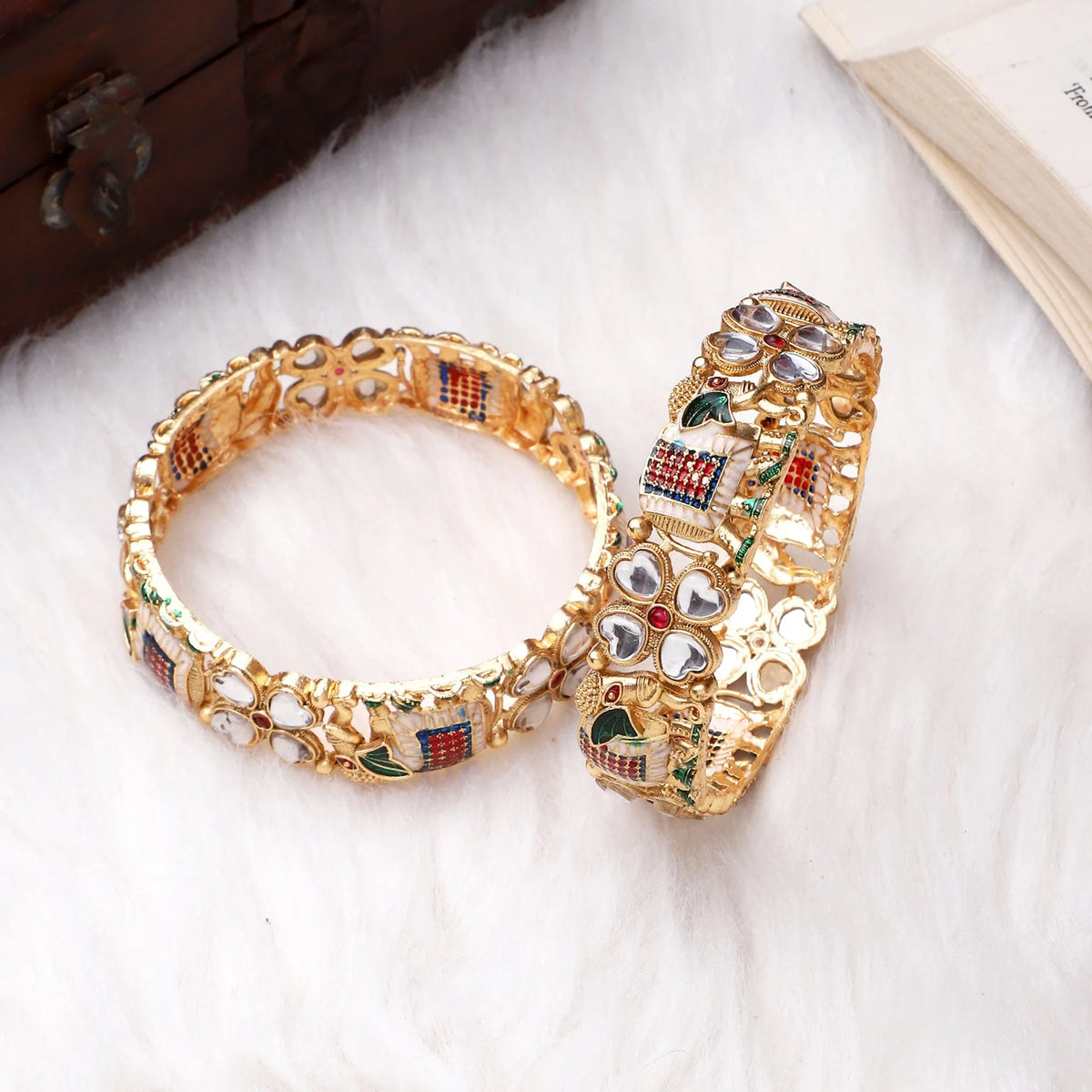 Set of 2 Golden Elephant Bracelets | Traditional Kada Bangles | Ethnic Indian Jewelry