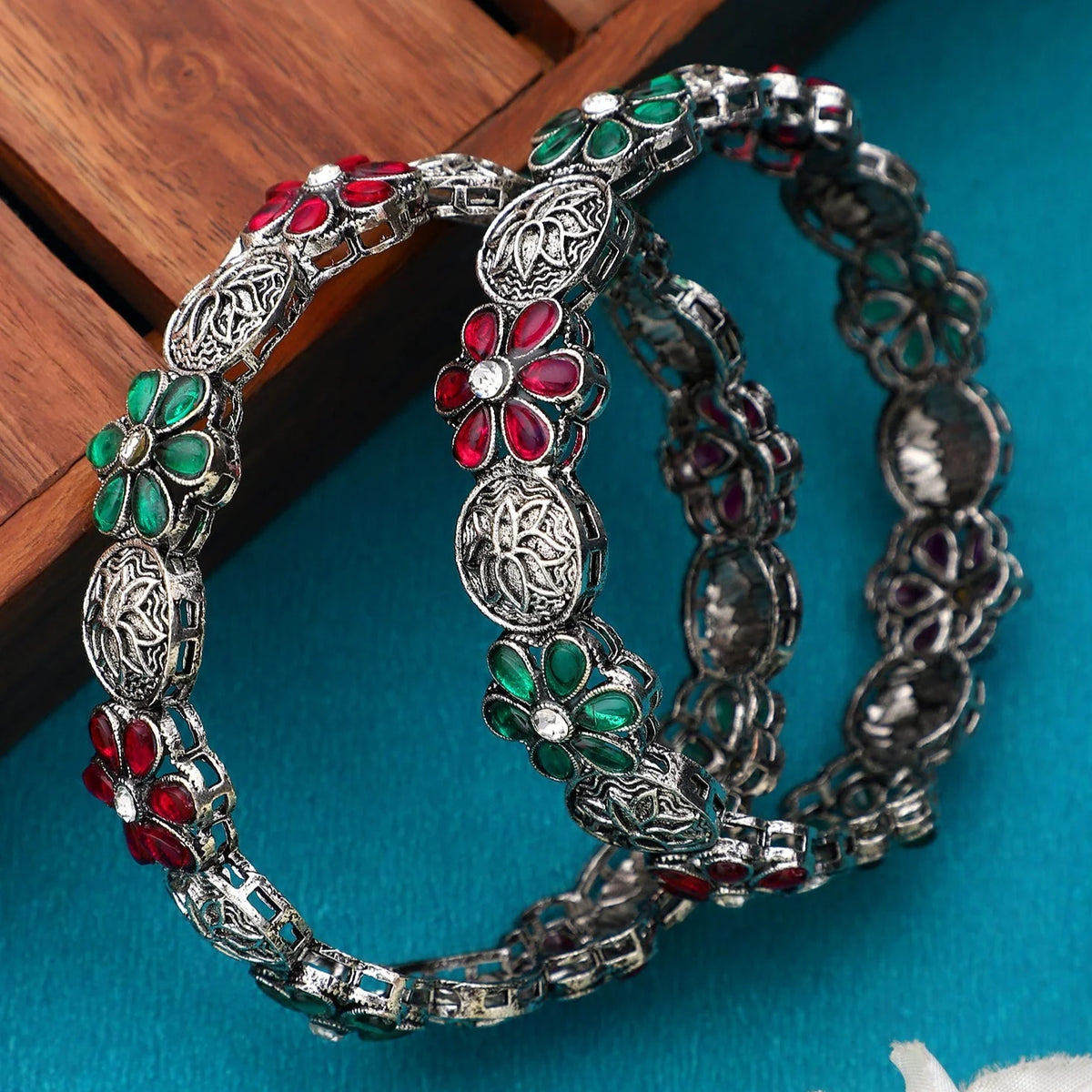 Oxidized Meenakari Pink & Green Kada Pair – Traditional Handcrafted Jewelry