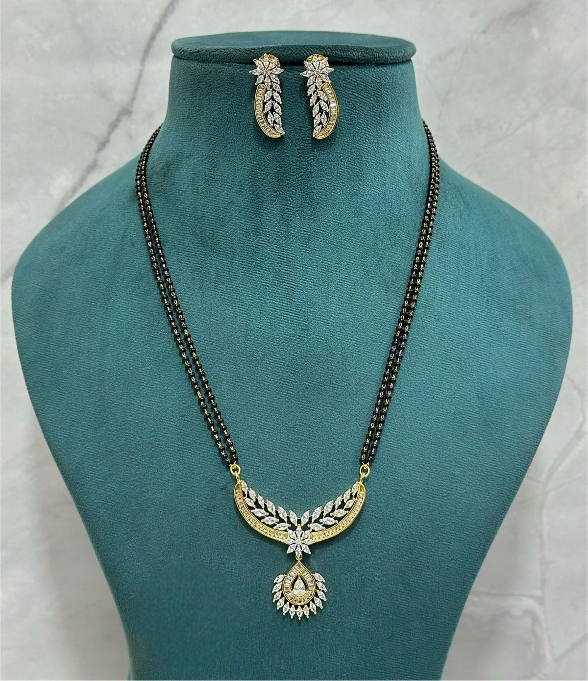 Premium CZ Stone Mangalsutra with Leaf Design Pendant & Matching Earrings | 18 Inch Double Chain