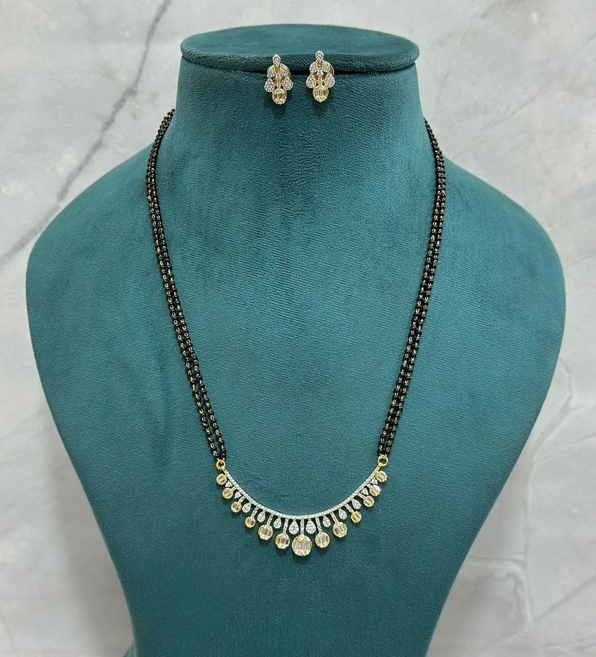 Elegant CZ Drop Mangalsutra with 18-Inch Double Chain & Matching Earrings