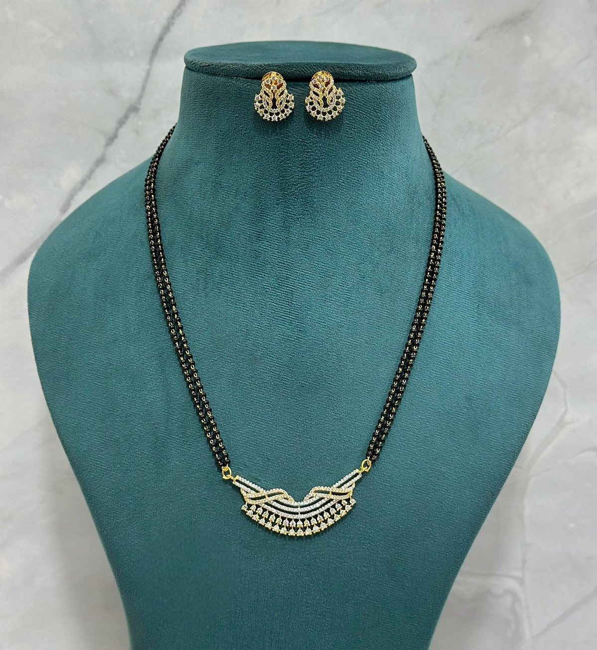 Designer CZ Layered Mangalsutra with 18-Inch Double Chain & Matching Earrings