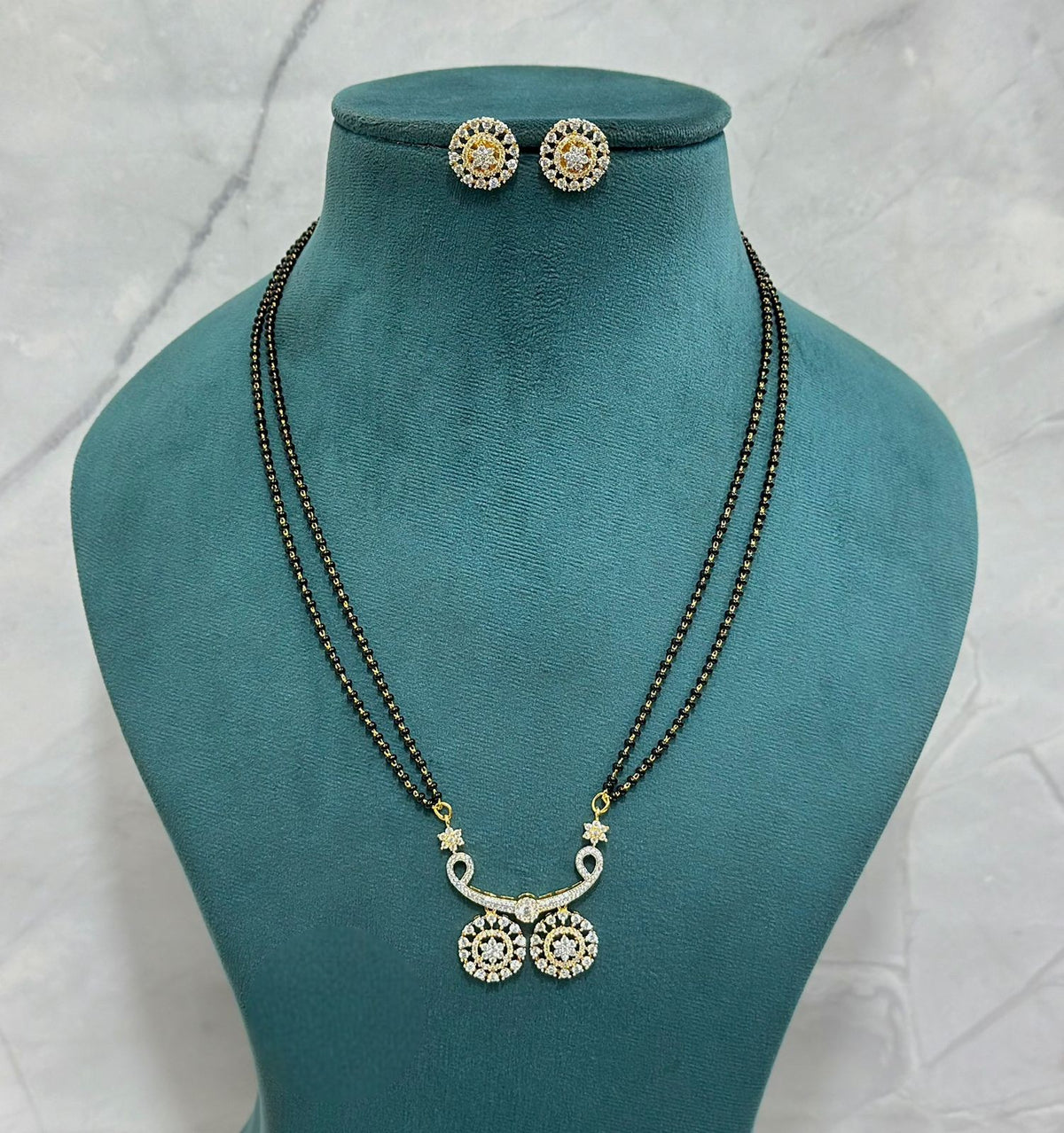Twin Drop CZ Mangalsutra Set with Star Accents & Matching Earrings – Double Chain Design