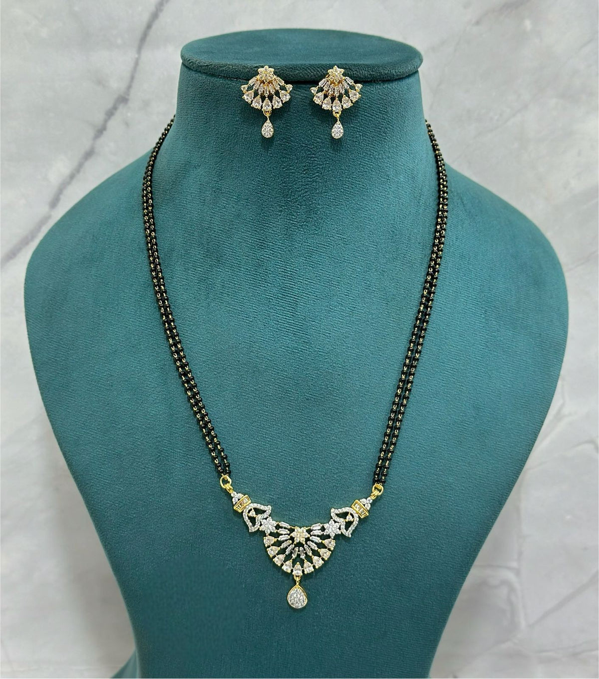 Peacock Fan CZ Mangalsutra Set with Double Chain & Drop Earrings – Elegant Bridal Design