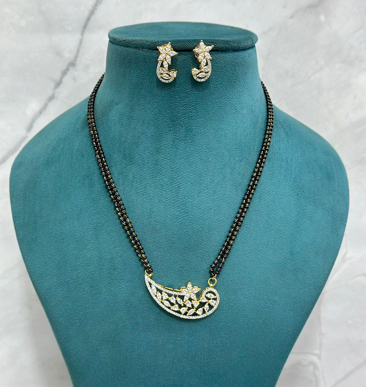 Paisley Star CZ Mangalsutra Set with Double Chain & Stylish Earrings – Contemporary Ethnic Design
