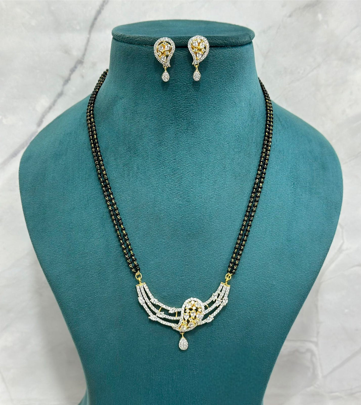 Royal Bloom CZ Mangalsutra Set with Triple Layer Pendant & Drop Earrings – Double Chain Design