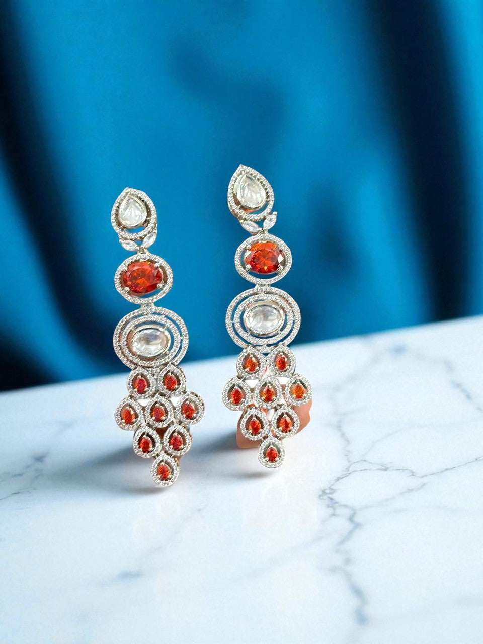 Indian Multi Layered AD CZ Silver Plated Bridal Earring Set