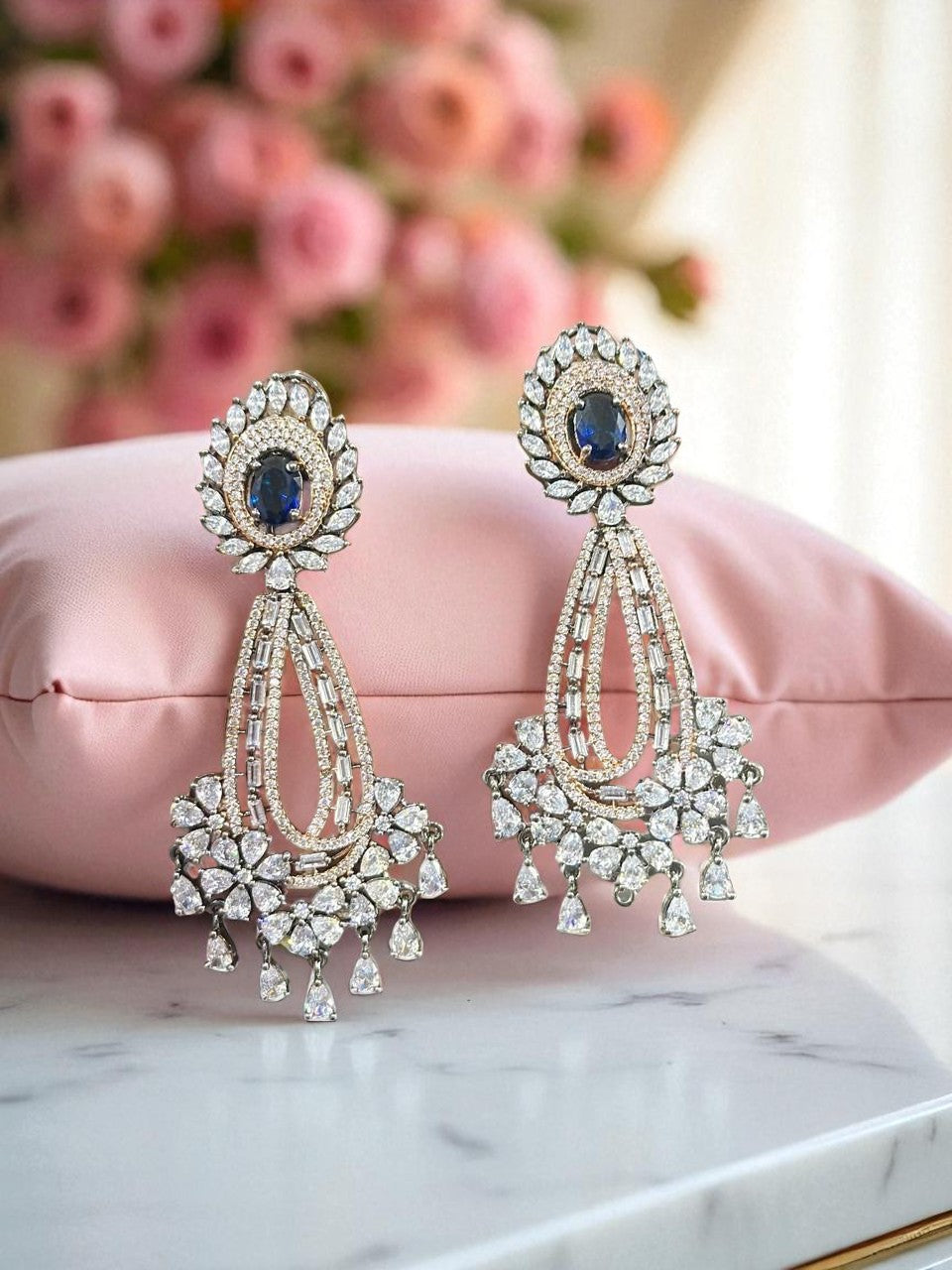 Royal Sapphire Drop Earrings Luxury CZ Stone Bridal Earring Set