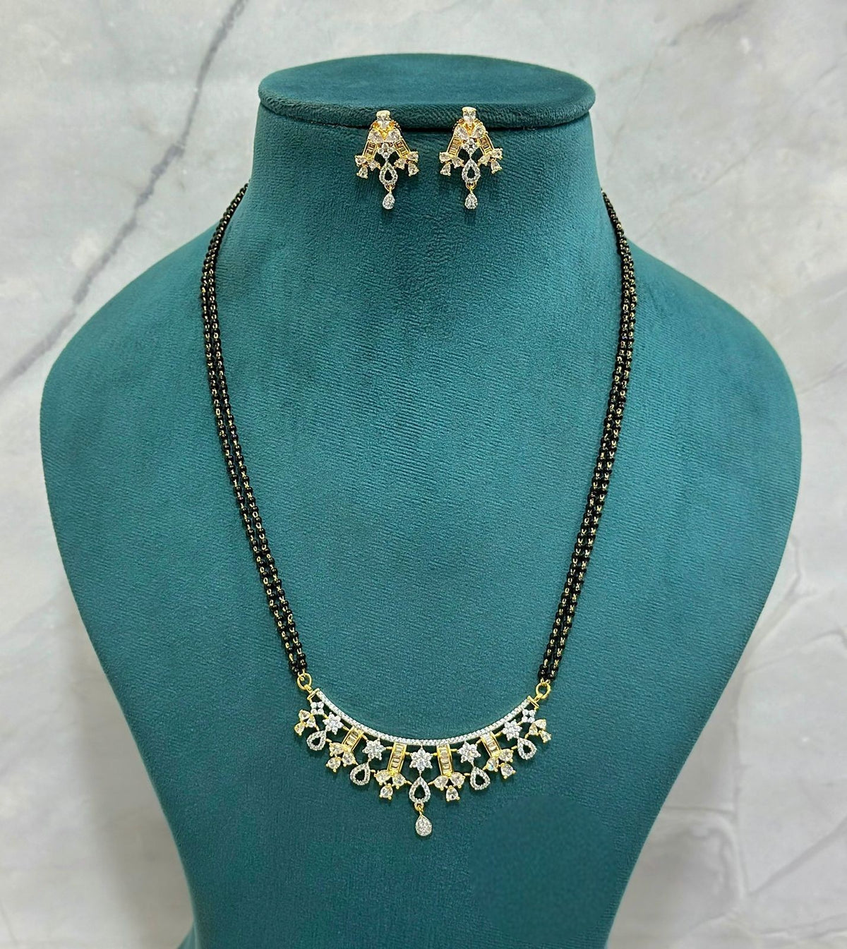 Elegant Sparkle CZ Mangalsutra Set with Dangling Accents & Stud Earrings