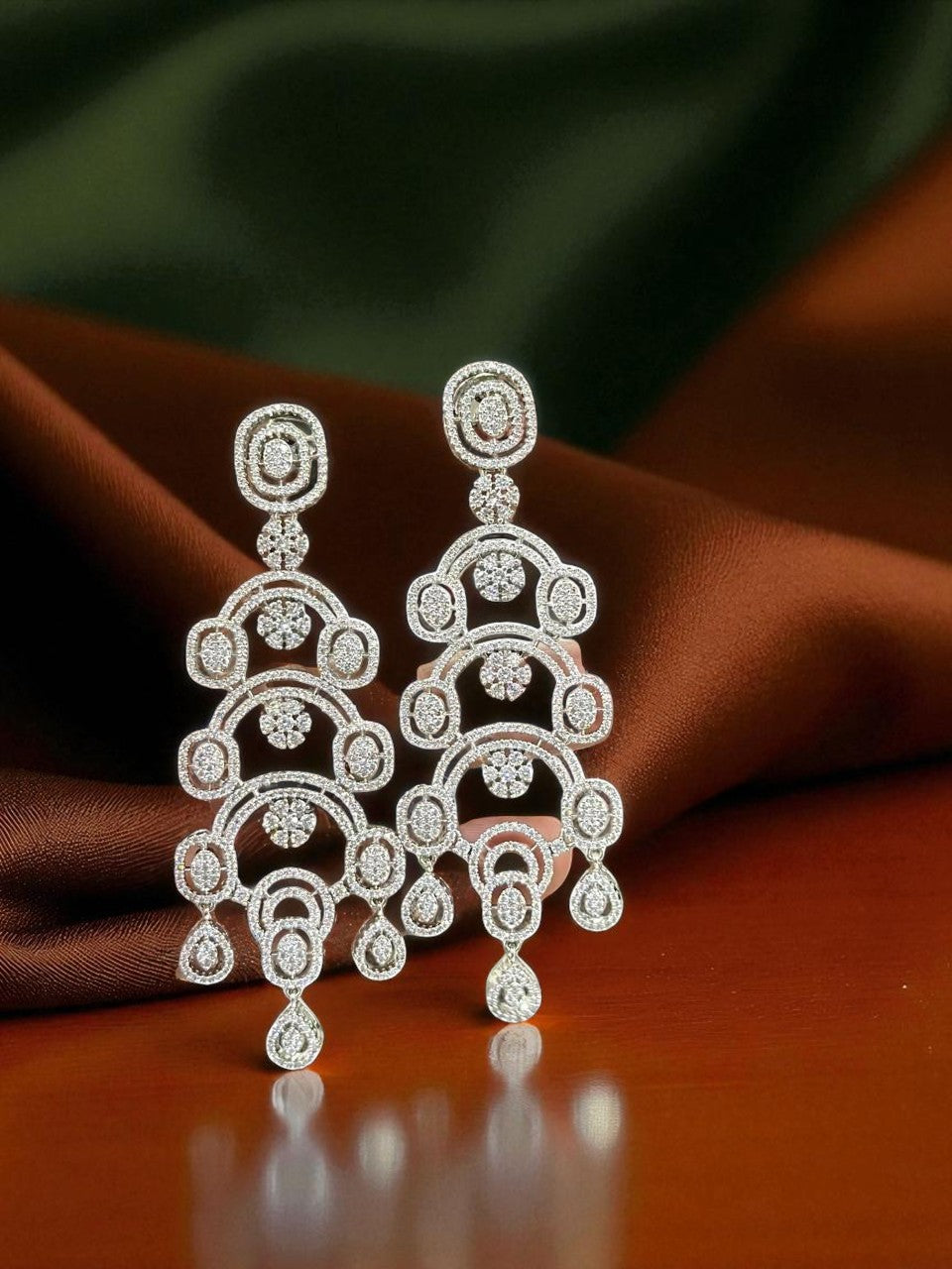 Art Deco CZ Statement Earrings – Multi-Layered Geometric Danglers in Silver Finish