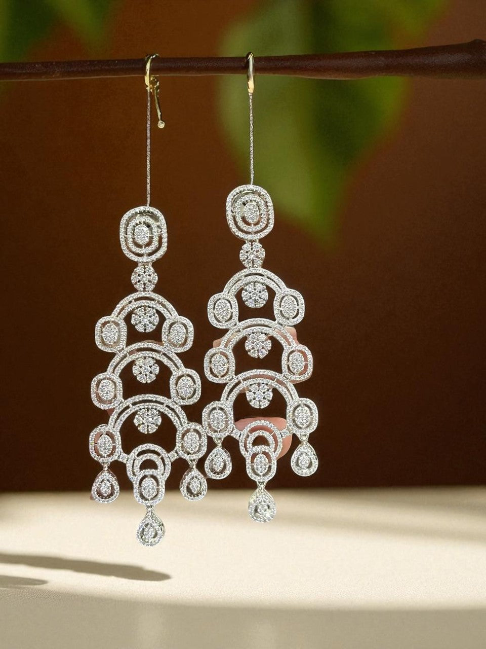 Art Deco CZ Statement Earrings – Multi-Layered Geometric Danglers in Silver Finish