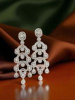Art Deco CZ Statement Earrings – Multi-Layered Geometric Danglers in Silver Finish