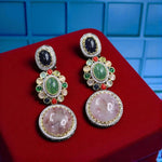 Multicolor Gemstone Dangler Earrings with Pink Stone Centerpiece Statement Handmade Jewelry
