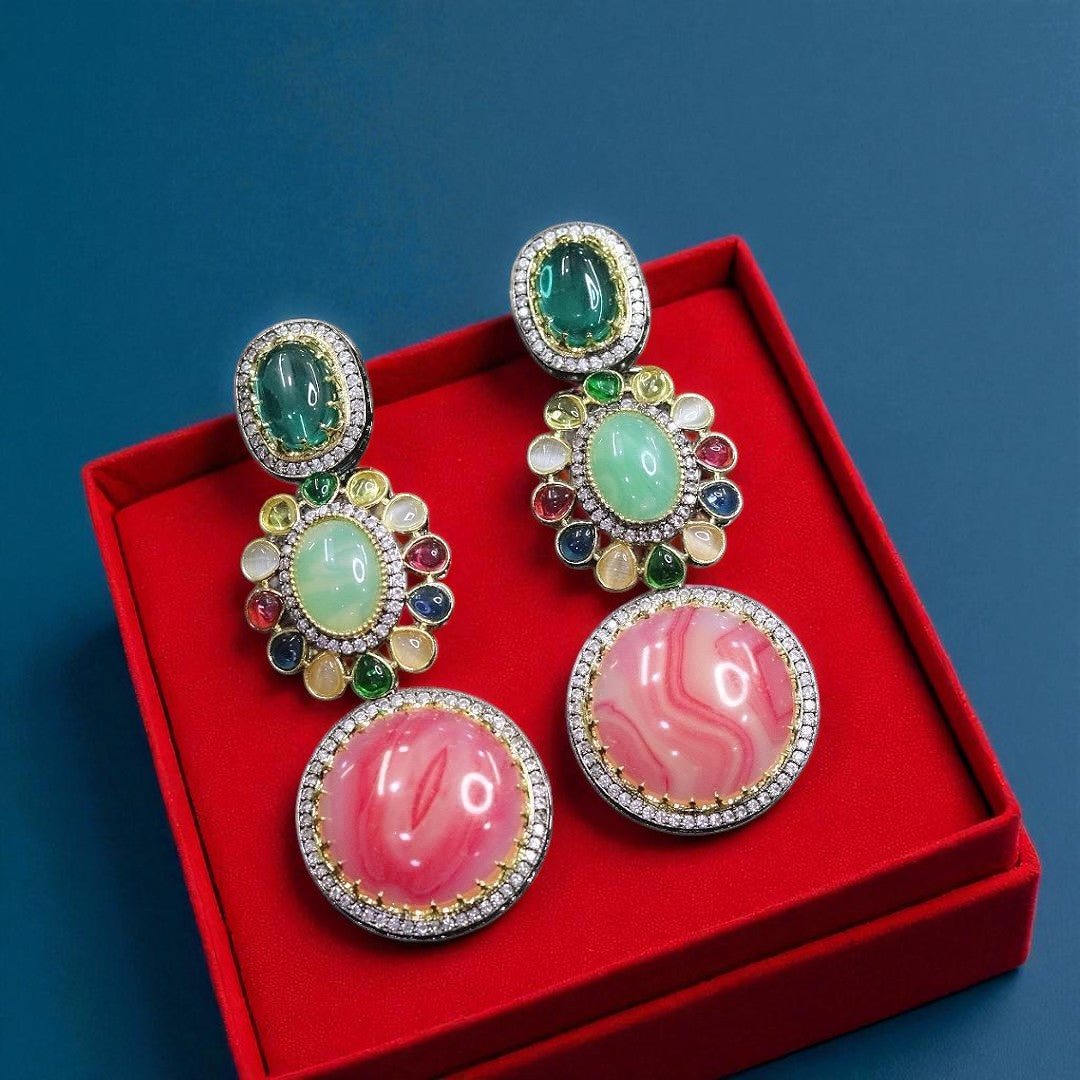 Multicolor Gemstone Dangler Earrings with Pink Stone Centerpiece Statement Handmade Jewelry