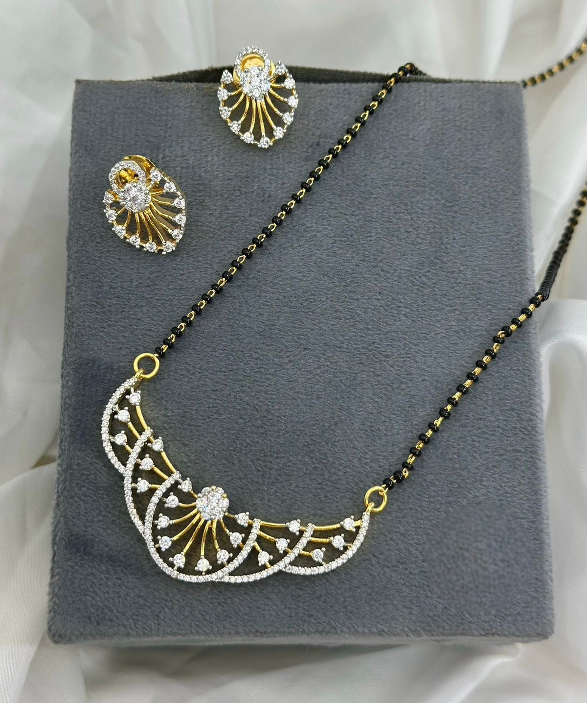 Elegant Gold & Diamond Mangalsutra Necklace with Matching Earrings Set