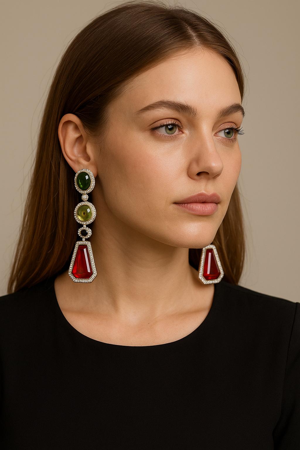 Bold Geometric Multi-Stone Drop Earrings Emerald Green, Champagne & Yellow Crystal Dangler