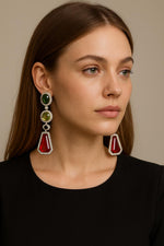 Bold Geometric Multi-Stone Drop Earrings Emerald Green, Champagne & Yellow Crystal Dangler