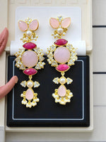 Rose Pink & Ruby Drop Earrings with CZ Stones & Pearl Bead Danglings (Copy)