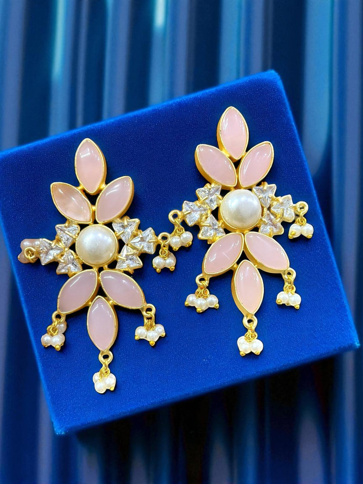 Pastel Pink Floral Drop Earrings with CZ Stones & Pearl Centerpiece
