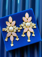Pastel Pink Floral Drop Earrings with CZ Stones & Pearl Centerpiece