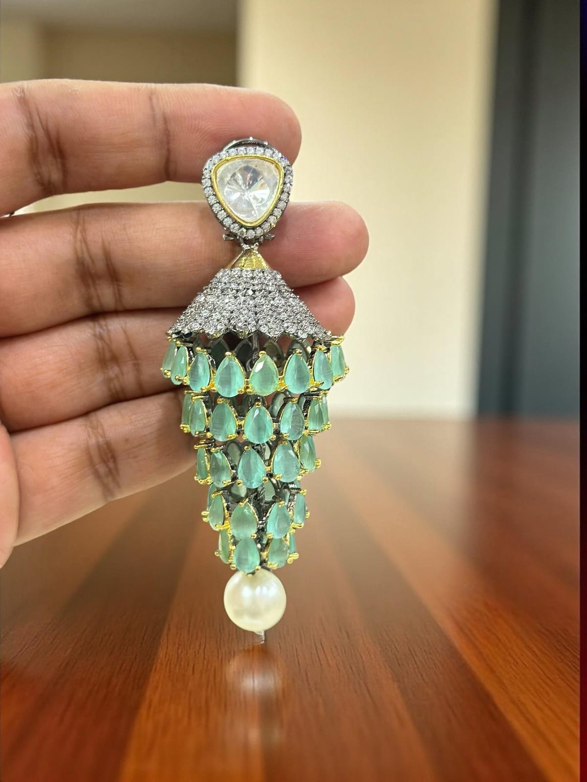 Alia Bhatt Inspired Emerald Jhumka Earrings with Pearl Drop & Mirror Work Bridal Statement Jewelry