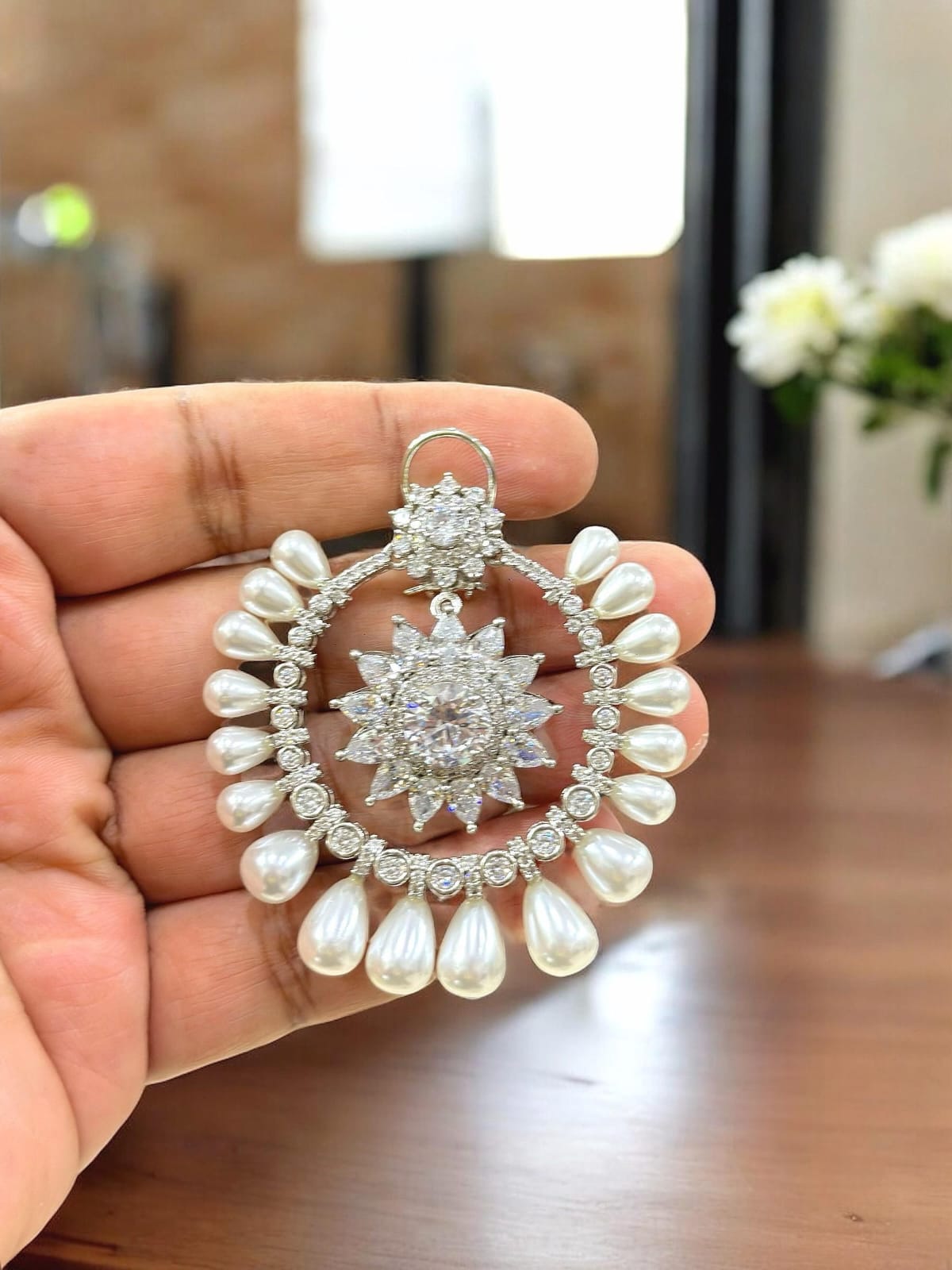 Nita Ambani Inspired Pearl Drop Polki Hoop Earrings Luxury Bridal Statement Jewelry