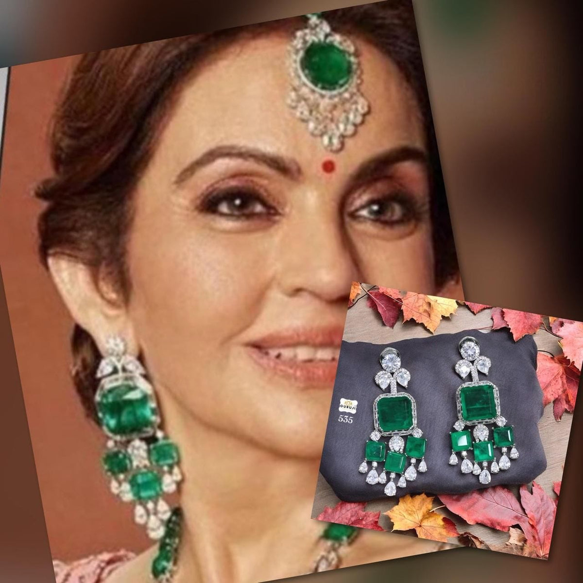 Nita Ambani Inspired Emerald & Diamond Look Dangler Earrings Royal Bridal Statement Jewelry