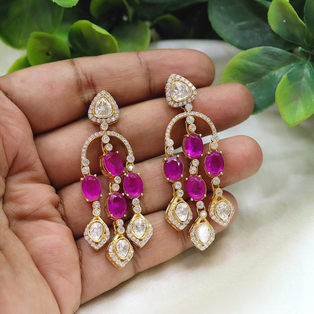 Emerald & Polki Diamond Drop Earrings Gold-Plated Bridal Statement Jewelry