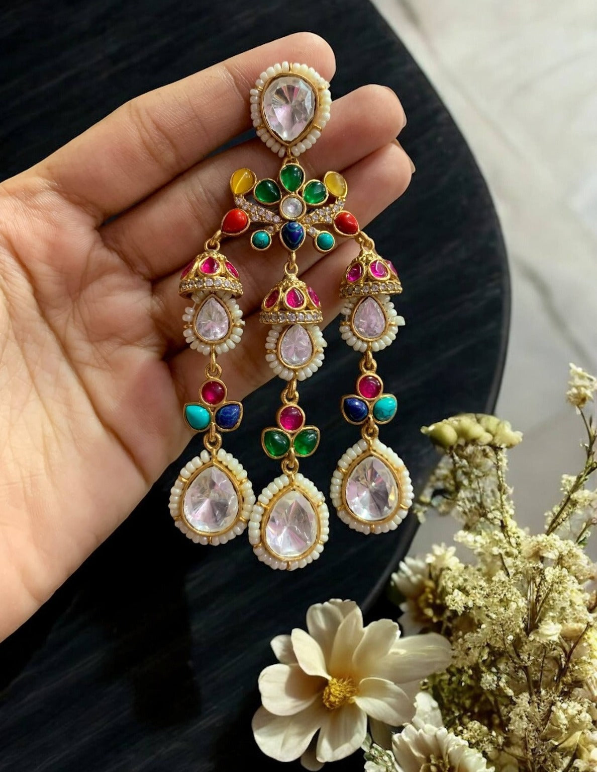 Royal Kundan Pearl Drop Chandbali Earrings with Emerald & Polki Stone Detailing Bridal & Festive Glam