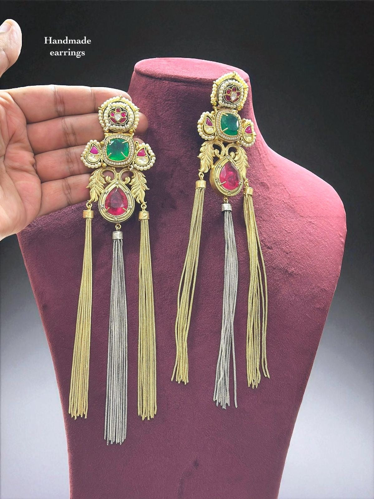 Handcrafted Kundan Tassel Earrings with Emerald & Ruby Accents – Luxe Indian Statement Jewelry