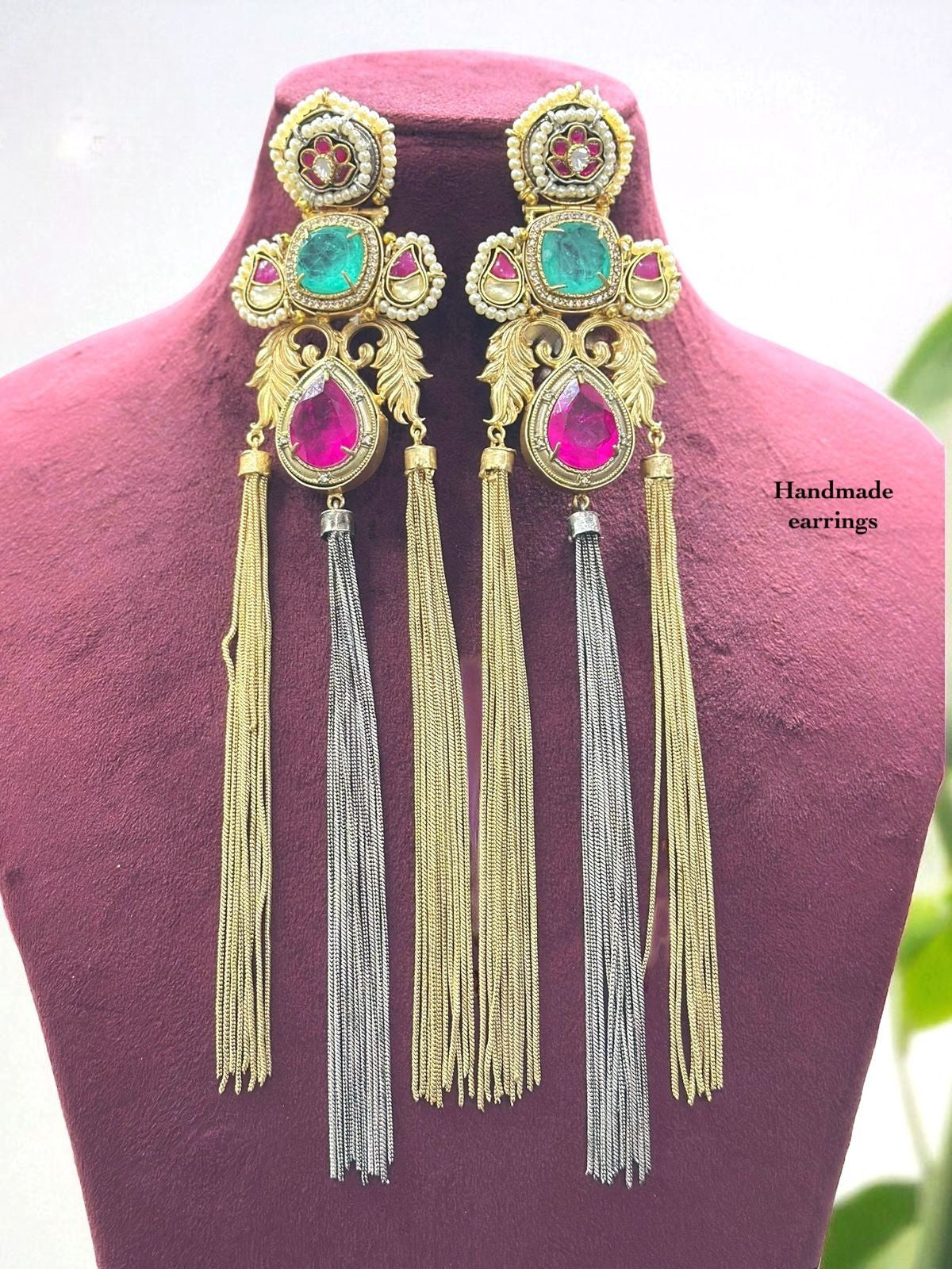 Handcrafted Kundan Tassel Earrings with Emerald & Ruby Accents – Luxe Indian Statement Jewelry