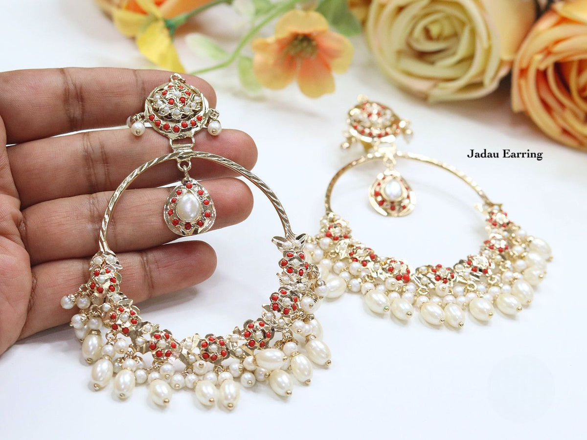 Jadau Pearl Hoop Earrings with Emerald & Ruby Accents – Traditional Indian Jewelry