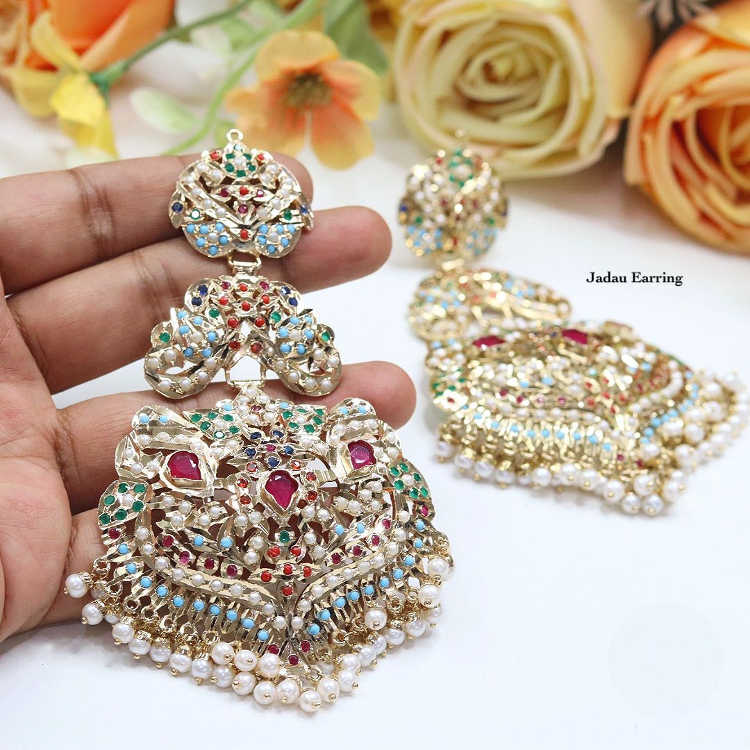 Exquisite Gold Plated Jadau Earrings with Ruby and Pearl Detailing - Traditional Indian Jewelry