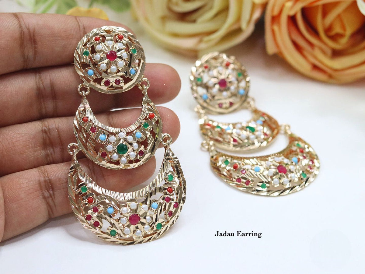 Elegant Gold Plated Jadau Chandbali Earrings with Ruby and Pearl Accents - Traditional Indian Jewelry
