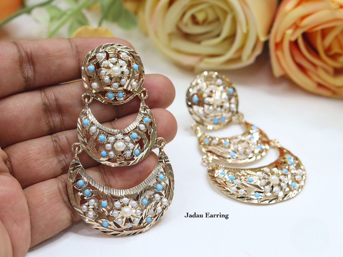 Elegant Gold Plated Jadau Chandbali Earrings with Ruby and Pearl Accents - Traditional Indian Jewelry