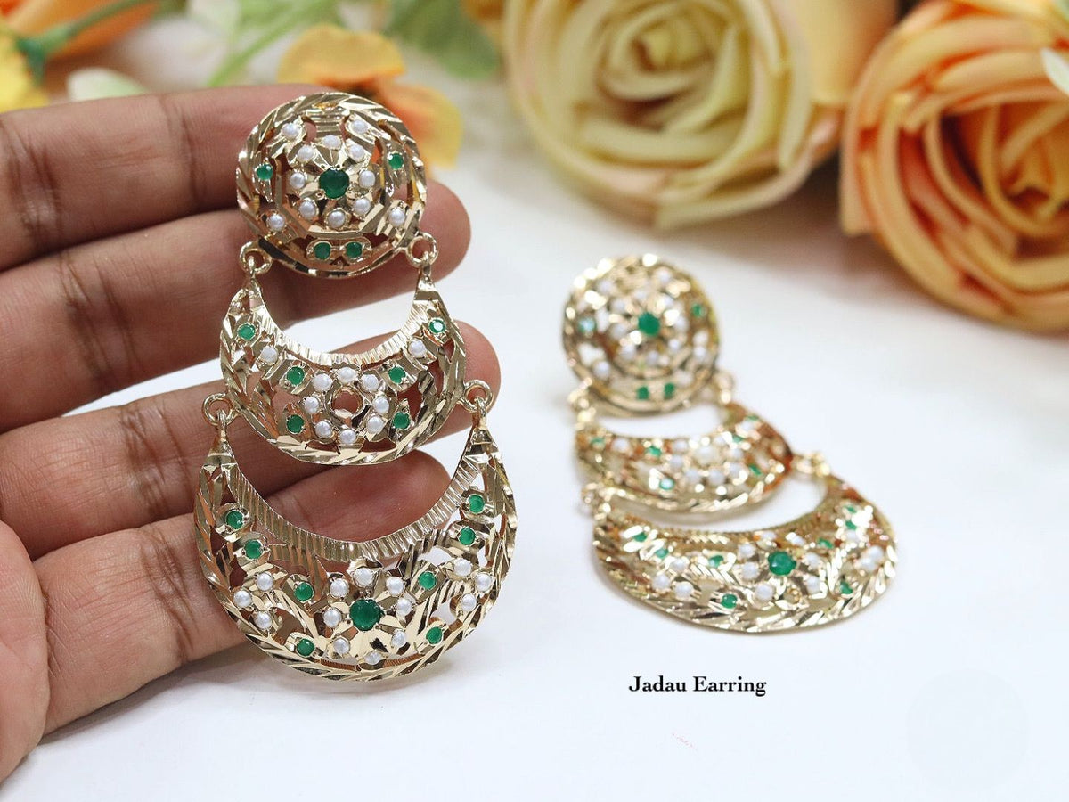 Elegant Gold Plated Jadau Chandbali Earrings with Ruby and Pearl Accents - Traditional Indian Jewelry