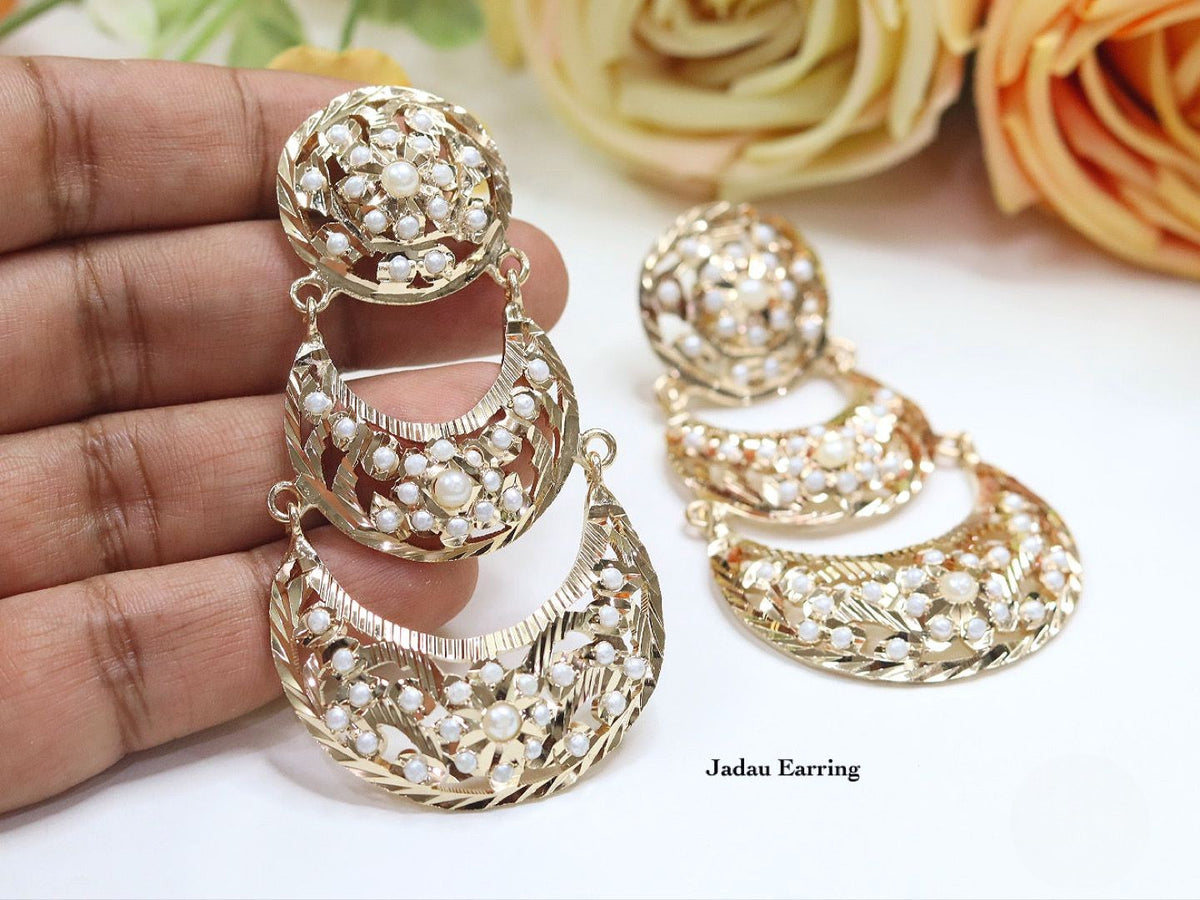 Elegant Gold Plated Jadau Chandbali Earrings with Ruby and Pearl Accents - Traditional Indian Jewelry