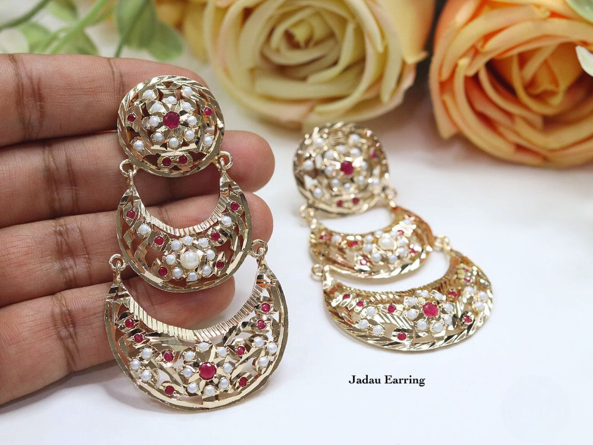 Elegant Gold Plated Jadau Chandbali Earrings with Ruby and Pearl Accents - Traditional Indian Jewelry