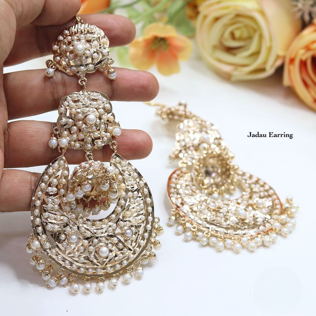 Opulent Gold Plated Jadau Chandbali Earrings with Dazzling Pearl Embellishments - Traditional Indian Jewelry
