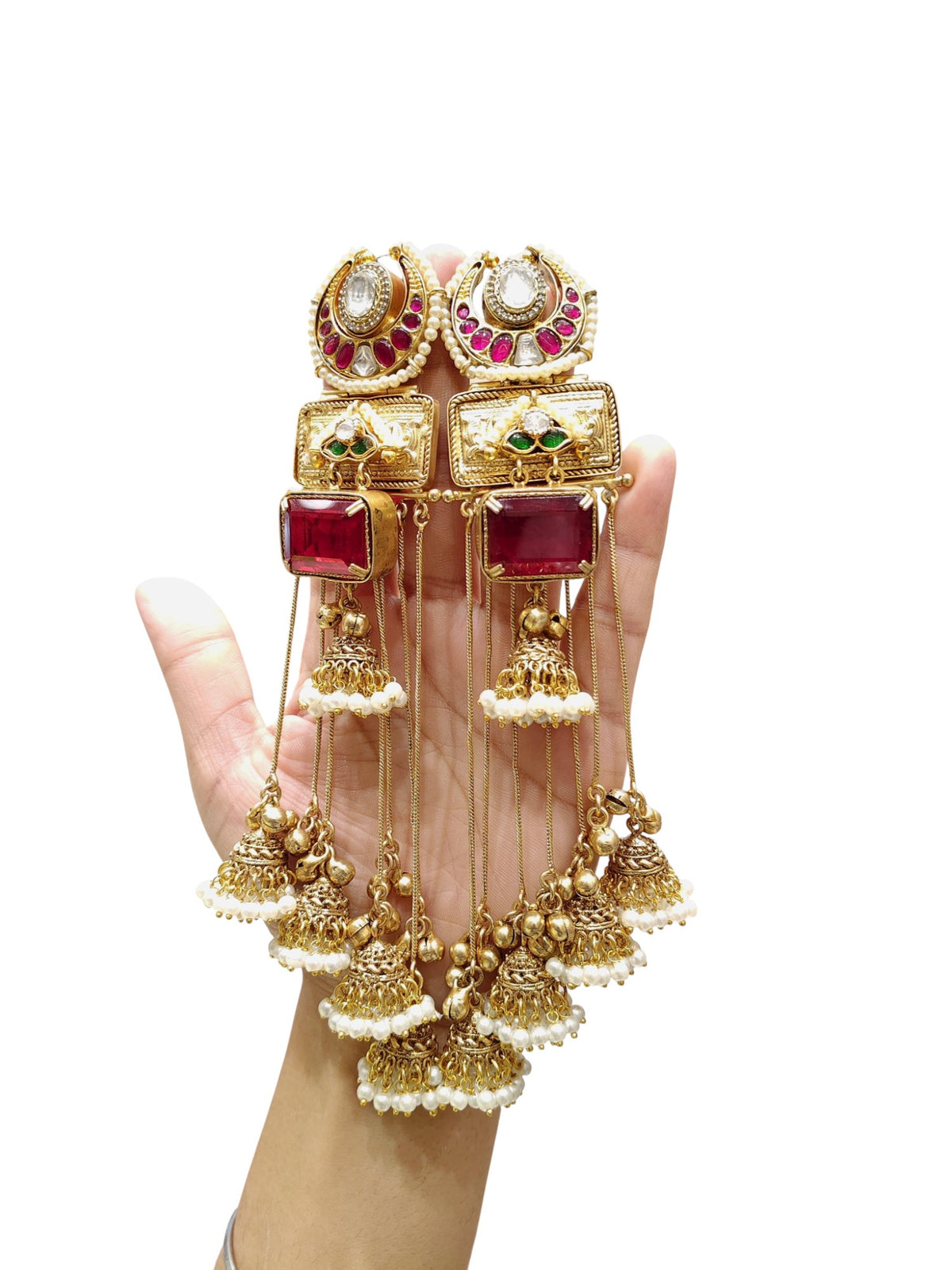 Regal Statement Jhumka Earrings with Ruby & Pearl Drops - Heavy Traditional Gold-Plated Dangles
