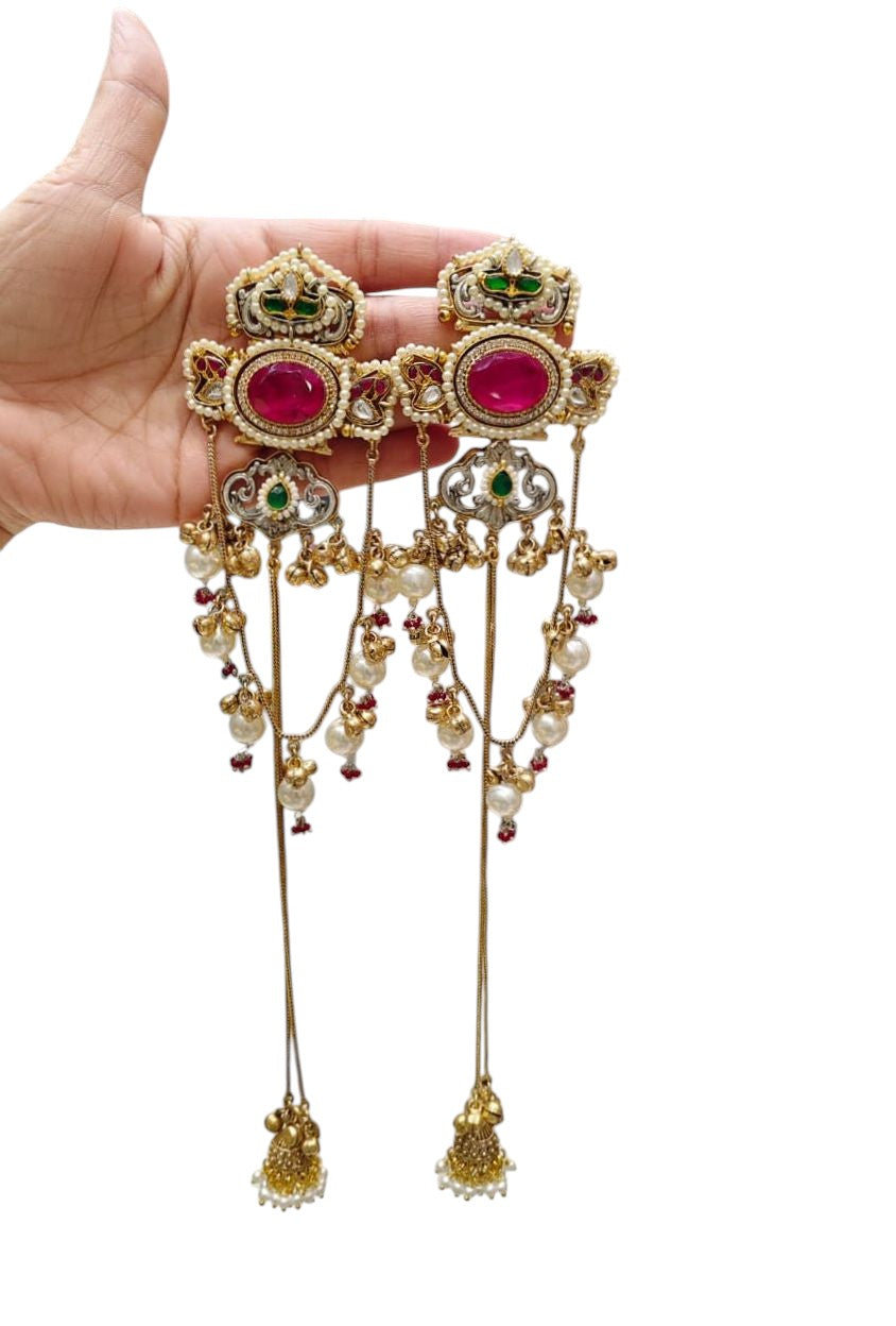 Regal Emerald & Ruby Jadau Earrings with Cascading Pearl Drops & Sahara Chains - Heavy Traditional Gold Plated