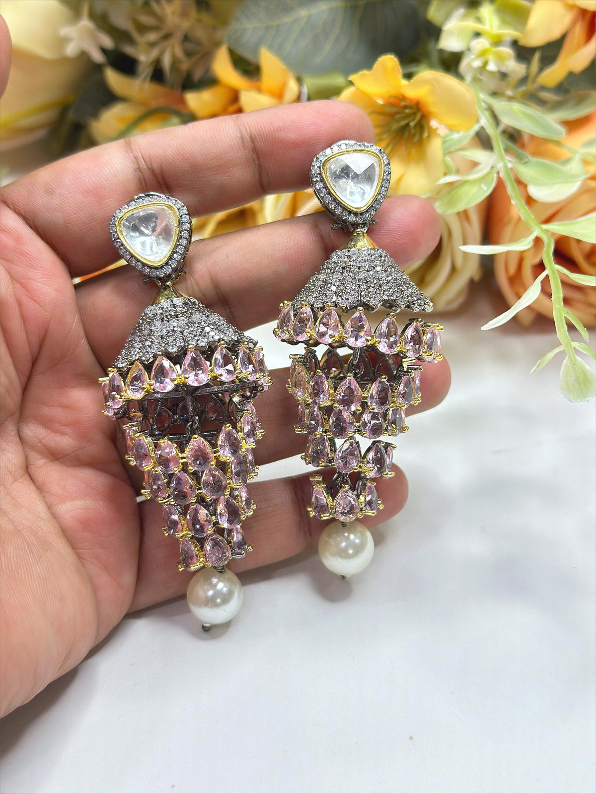 Mint Green Crystal Dangler Earrings with Pearl Drop – Luxury Party Wear Jewelry