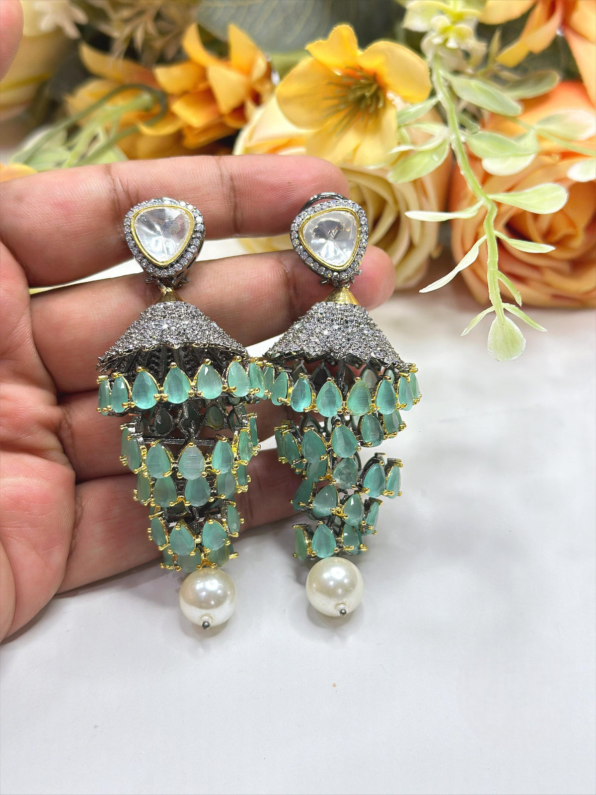 Mint Green Crystal Dangler Earrings with Pearl Drop – Luxury Party Wear Jewelry