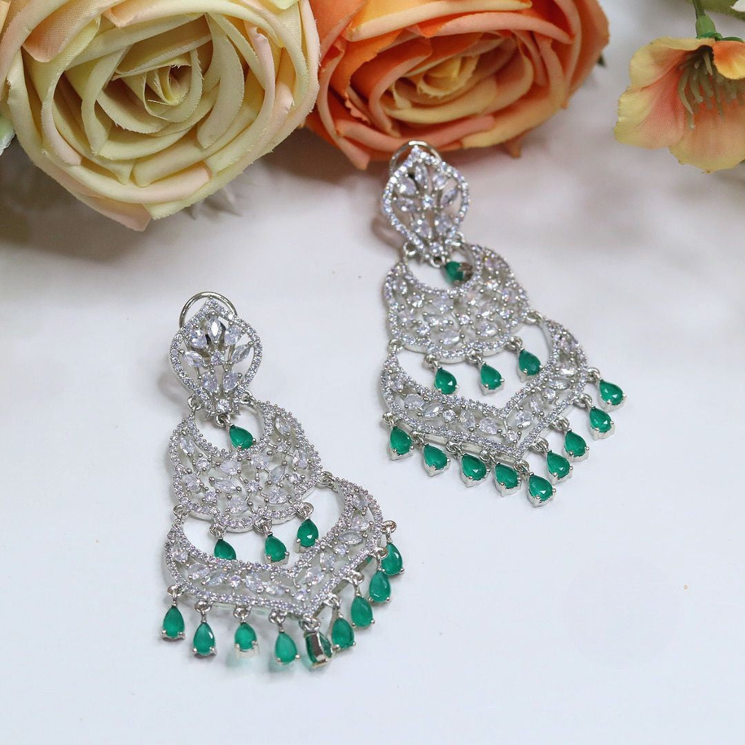 Regal Chandelier Earrings with Simulated Diamonds and Emerald Accents
