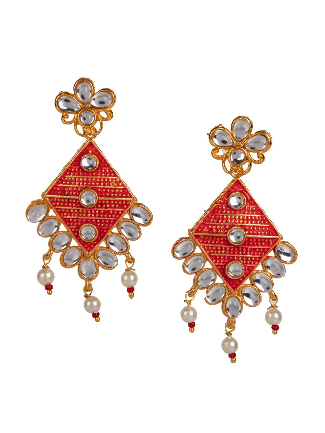 Red Bridal Gold-Plated White Stone-Studded & Beaded Jewellery Set - Libasaa